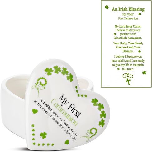 Funtery 2 PCS هدايا الشركة الأولى للفتيات قلب مربعات تذكار للمجوهرات السيراميك مع بطاقة صلاة السحر الأول للتواصل المقدسة للبنات الفتيات التعميد الكاثوليكي والمعمودية استحمام الطفل in Kuwait