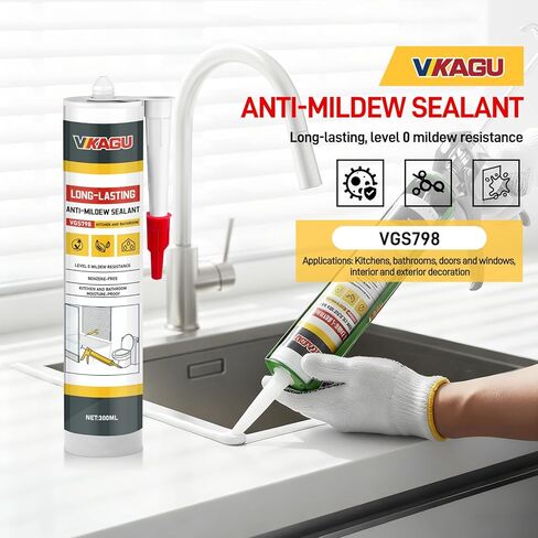 VGS 798 أنبوب مانع للتسرب من السيليكون الاحترافي 10.15 أونصة للمطابخ والحمامات، أبيض، مانع تسرب سيليكون مقاوم للماء بنسبة 100%، مقاوم للانكماش والتشقق in Kuwait
