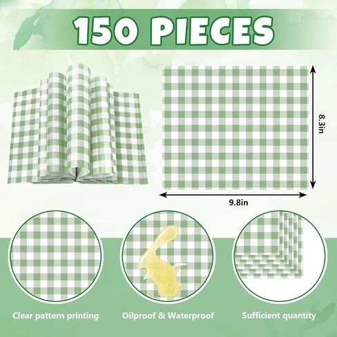 JarThenaAMCS 150Pcs Sage Green Plaid Wax Paper Gingham Checkered Deli Paper Tissue Sandwich Wrap Waterproof Oil-Proof Picnic Liner for Party Kitchen Supplies in Saudi Arabia