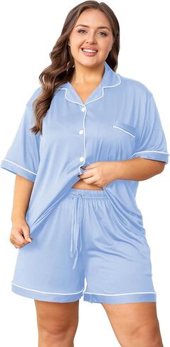Vozanet Women's Plus Size Button Down Pajamas Soft Lounge Sets Shorts with Pockets Bride Nighty Solid Soft Pjs 1x to 5x in Kuwait