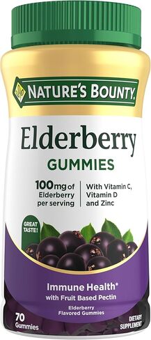 يحتوي كومبيات Nature's Bounty Elderberry ، الدعم المناعي ، على فيتامين A و C و D و E و Zinc ، 40 Gummies in Kuwait