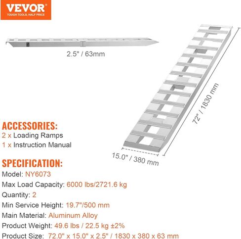 منحدرات تحميل VEVOR، قطعتان مقاس 72 × 15 بوصة، مجموعة منحدر مقطورة من الألومنيوم المتين للخدمة الشاقة مع لوحات مضادة للانزلاق، سعة مجمعة 6000 رطل، للعربات والجرارات الزراعية والمركبات الرباعية وجزازات العشب والدراجات النارية in Kuwait