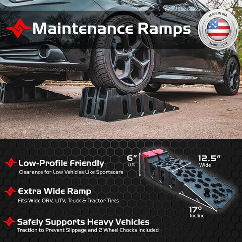Caliber 20,000 LBS. Heavy-Duty Portable Car Ramps with Built-in Wheel Chocks, Anti-Slip Lift for Trucks, SUVs, Powersport & Low-Profile Cars, Made in USA, 2-Pack in Saudi Arabia
