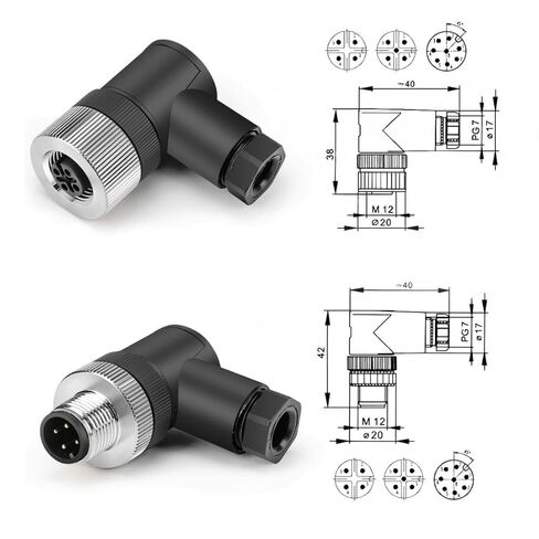 مجموعة واحدة M12 4-Pin أنثى + ذكر A-Code يمين مستشعر دائري موصل الطيران موصل قابس صناعي، سريع التجميع سلك لولبي إنهاء موصل مقاوم للماء غير محمي IP67 تصنيف: 4A، 250V in Kuwait