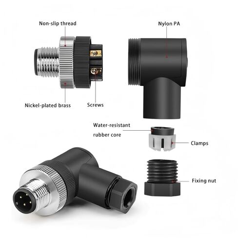 مجموعة واحدة M12 4-Pin أنثى + ذكر A-Code يمين مستشعر دائري موصل الطيران موصل قابس صناعي، سريع التجميع سلك لولبي إنهاء موصل مقاوم للماء غير محمي IP67 تصنيف: 4A، 250V in Kuwait