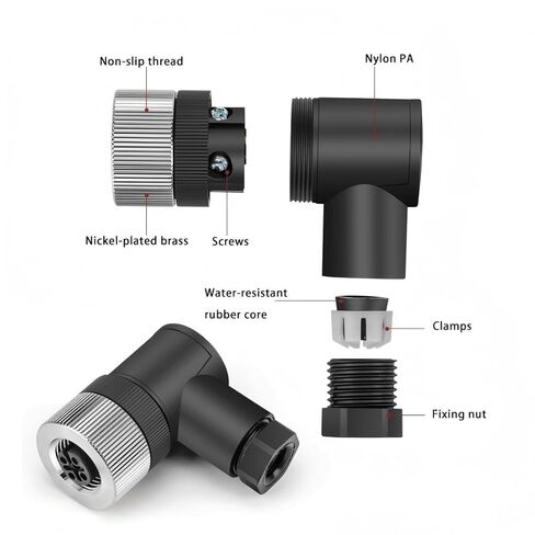 مجموعة واحدة M12 4-Pin أنثى + ذكر A-Code يمين مستشعر دائري موصل الطيران موصل قابس صناعي، سريع التجميع سلك لولبي إنهاء موصل مقاوم للماء غير محمي IP67 تصنيف: 4A، 250V in Kuwait
