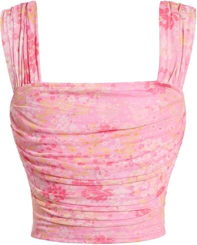 Milumia Girl's Ruched Floral Print Tank Top Square Neck Sleeveless Cropped Tops in Kuwait