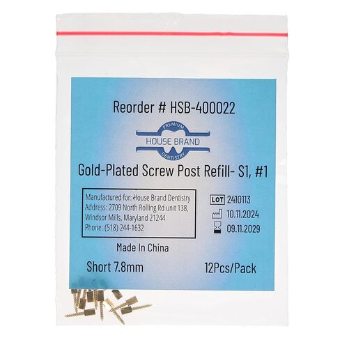 House Brand Dentistry 400022 HSB Gold Plated Screw Posts S1#1 Short 7.8mm 12/Pk in Saudi Arabia