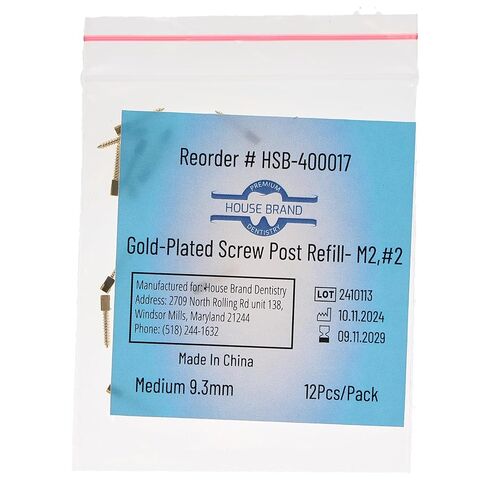 House Brand Dentistry 400017 HSB Gold Plated Screw Posts M2#2 Medium 9.3mm 12/Pk in Saudi Arabia