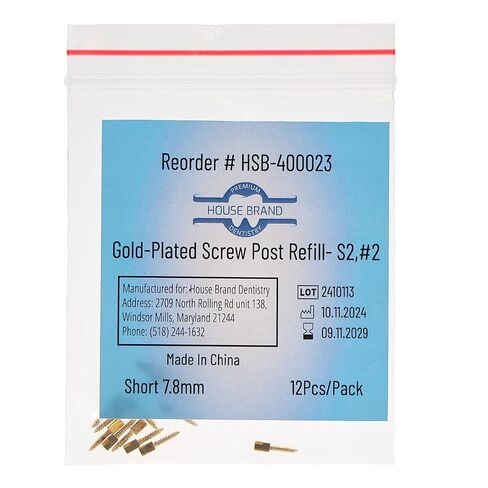 House Brand طب الأسنان 400023 HSB أعمدة لولبية مطلية بالذهب S2 #2 قصيرة 7.8 مم 12/Pk in Saudi Arabia