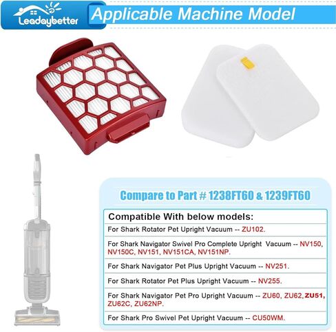 بديل فلتر Leadaybetter لفرشاة Shark Zero-M ذاتية التنظيف Pet Pro ZU55 ZU102 ZU60 ZU62 ZU62C، مكنسة Rotator NV255، Navigator Pet Plus NV150 NV151 NV251، الجزء # 1238FT60 و1239FT60 in Kuwait