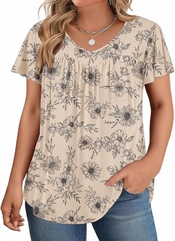 in'Voland plus size womens الكشكش الأكمام قمم Tunic Tops v العنق القمصان الصيفية طباعة الأزهار قمم بلوزة أنيقة in Kuwait