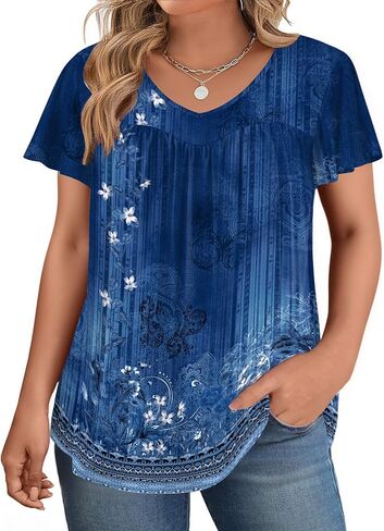 in'Voland plus size womens الكشكش الأكمام قمم Tunic Tops v العنق القمصان الصيفية طباعة الأزهار قمم بلوزة أنيقة in Saudi Arabia