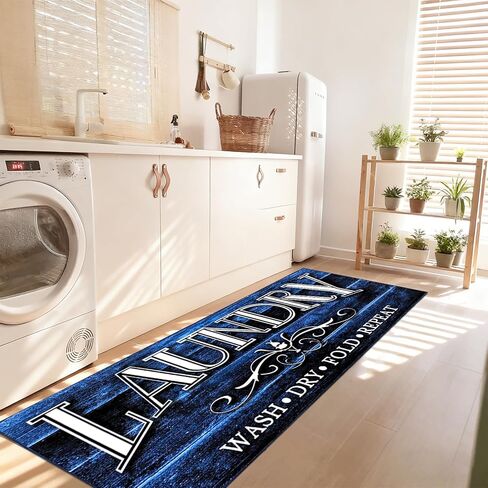 غرفة الغسيل البساط حصيرة 2X6Ft طويلة مزرعة الغسيل حصيرة للأرضية خمر المطبخ حصيرة نونسليب قابل للغسل عداء البساط حوض الغسيل حصيرة Mudroom حصيرة للداخلية في الهواء الطلق ديكور المنزل، الأزرق in Kuwait