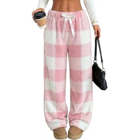 ZAFUL Women's Fuzzy Plush Pajama Pants Drawstring Elastic Waist Wide Leg Teddy Pj Bottoms Lounge Pants in Kuwait
