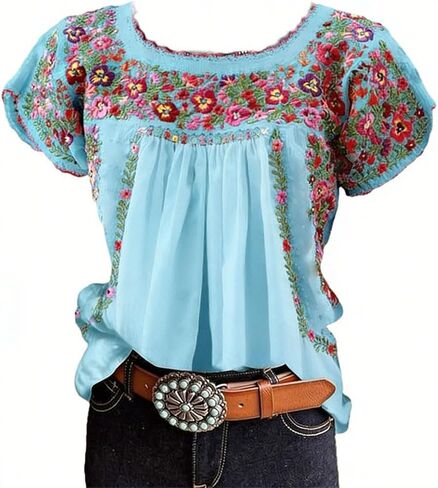 Women's Mexican Floral Embroidered Tops Summer Short Sleeve Pleated Peasant Blouses Casual Loose Crew Neck Shirt in Kuwait