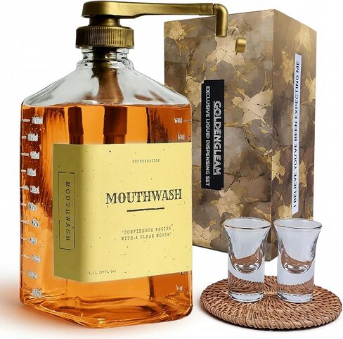 37oz Large Mouthwash Dispenser for Bathroom - Mouthwash Pump Dispenser, Glass Mouthwash Dispenser with Cups, Mouthwash Bottle Glass Dispenser, Mouth Wash Container for Bathroom (Gold) in Kuwait