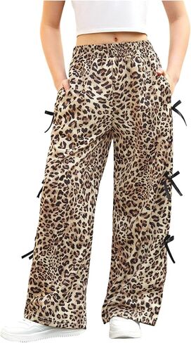 COZYEASE Girl's Leopard Bowknot Y2K Pants Wide Leg Elastic Waist Baggy Trousers with Pockets in Kuwait