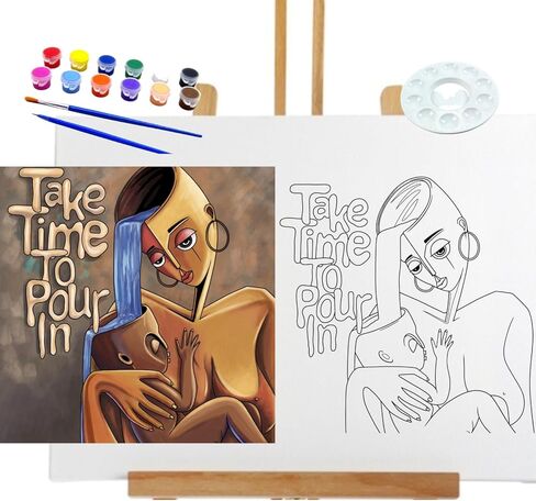 Pre Drawn Canvas Take Time To Pour In Paint Kit | Adult & Teen Sip and Paint Party Favor | DIY Date Night Couple Activity (11X14 & PAINT KIT) (Pour In Paint Kit with Easle) in Saudi Arabia