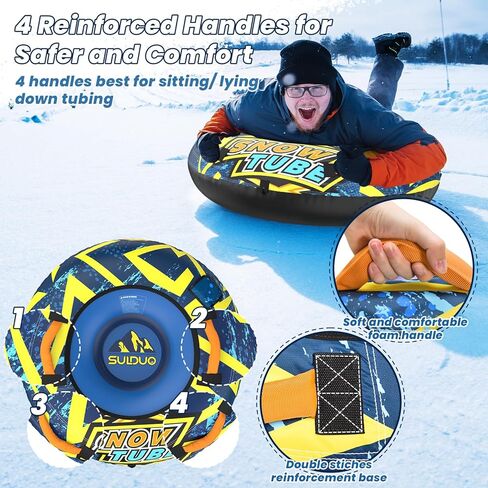 SULDUO 47'' Heavy Duty Snow Tube with Premium Canvas Cover and 4 Foam Filled Handles, Inflatable Snow Sled for Kids and Adult, Thickened Hard Bottom Snow Tubes for Winter Outdoor Fun Sledding in Saudi Arabia