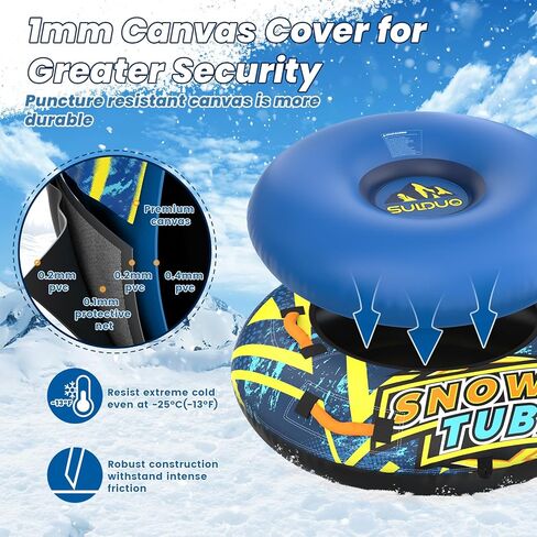 SULDUO 47'' Heavy Duty Snow Tube with Premium Canvas Cover and 4 Foam Filled Handles, Inflatable Snow Sled for Kids and Adult, Thickened Hard Bottom Snow Tubes for Winter Outdoor Fun Sledding in Saudi Arabia
