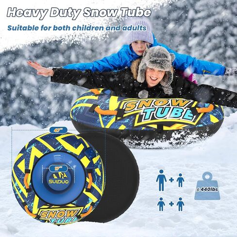 SULDUO 47'' Heavy Duty Snow Tube with Premium Canvas Cover and 4 Foam Filled Handles, Inflatable Snow Sled for Kids and Adult, Thickened Hard Bottom Snow Tubes for Winter Outdoor Fun Sledding in Saudi Arabia
