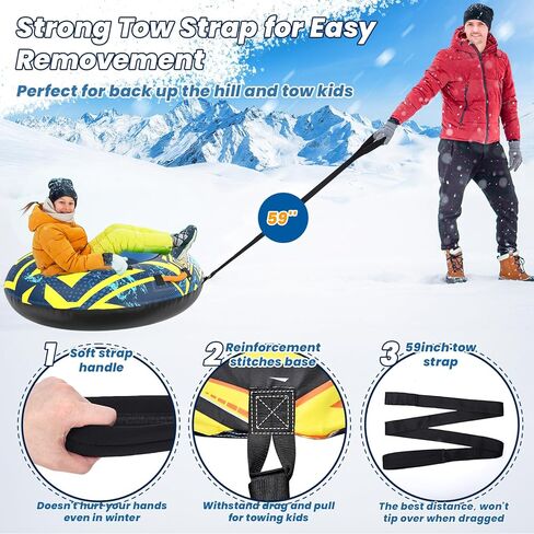 SULDUO 47'' Heavy Duty Snow Tube with Premium Canvas Cover and 4 Foam Filled Handles, Inflatable Snow Sled for Kids and Adult, Thickened Hard Bottom Snow Tubes for Winter Outdoor Fun Sledding in Saudi Arabia