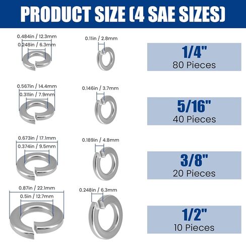 مجموعة متنوعة من غسالات ZIUZI 150 قطعة 18-8 من الفولاذ المقاوم للصدأ بقفل زنبركي - 4 مقاسات SAE (1/4 بوصة، 5/16 بوصة، 3/8 بوصة، 1/2 بوصة) غسالات قفل منفصلة للبراغي والمسامير، التثبيت in Kuwait
