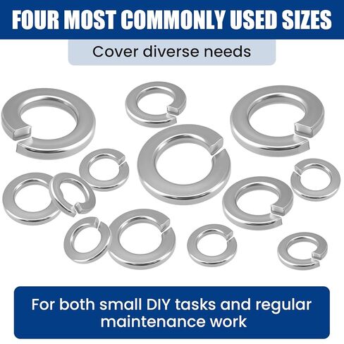 مجموعة متنوعة من غسالات ZIUZI 150 قطعة 18-8 من الفولاذ المقاوم للصدأ بقفل زنبركي - 4 مقاسات SAE (1/4 بوصة، 5/16 بوصة، 3/8 بوصة، 1/2 بوصة) غسالات قفل منفصلة للبراغي والمسامير، التثبيت in Kuwait