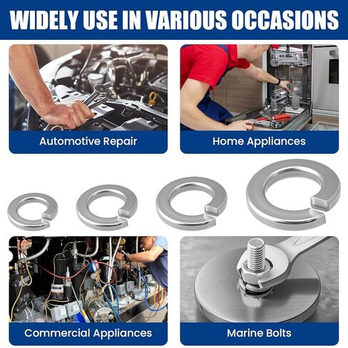 مجموعة متنوعة من غسالات ZIUZI 150 قطعة 18-8 من الفولاذ المقاوم للصدأ بقفل زنبركي - 4 مقاسات SAE (1/4 بوصة، 5/16 بوصة، 3/8 بوصة، 1/2 بوصة) غسالات قفل منفصلة للبراغي والمسامير، التثبيت in Kuwait