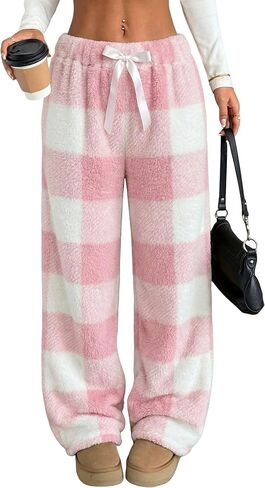 ZAFUL Women's Fuzzy Plush Pajama Pants Drawstring Elastic Waist Wide Leg Teddy Pj Bottoms Lounge Pants in Kuwait