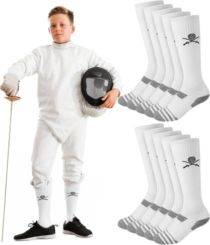 Glitopper 5 Pairs Fencing Socks for Teen Boys Epee Gear and Foil White Cotton Knee High Socks Comfortable Support Athletic Stockings for Youth in Kuwait