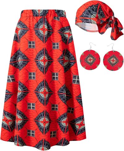 Women African Maxi Skirt Casual Stretch Head Wrap Scarf Drop Dangle Earrings in Kuwait