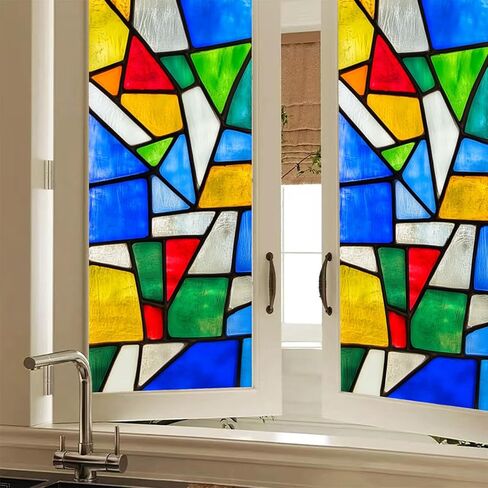 Stained Glass Window Film Geometry Iridescent Flakes Window Privacy Film Stained Decals Static Cling Sun Blocking Decor for Home Office Windows Door Glass Partitions 17.7x39.3 inch in Kuwait