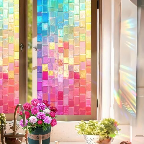 Stained Glass Window Film Geometry Iridescent Flakes Window Privacy Film Stained Decals Static Cling Sun Blocking Decor for Home Office Windows Door Glass Partitions 17.7x39.3 inch in Kuwait
