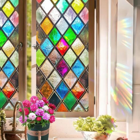 Stained Glass Window Film Geometry Iridescent Flakes Window Privacy Film Stained Decals Static Cling Sun Blocking Decor for Home Office Windows Door Glass Partitions 17.7x39.3 inch in Kuwait