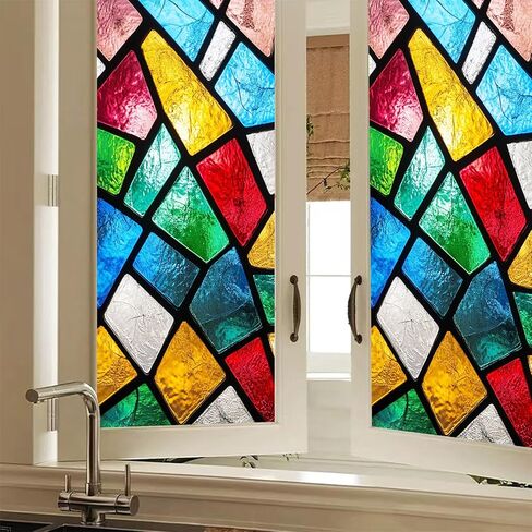 Stained Glass Window Film Geometry Iridescent Flakes Window Privacy Film Stained Decals Static Cling Sun Blocking Decor for Home Office Windows Door Glass Partitions 17.7x39.3 inch in Kuwait