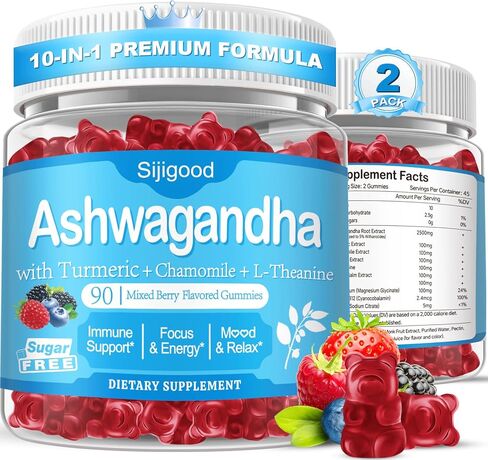 2 Pack Ashwagandha Gummies with L-theanine, Ashwa Root Supplement Gummy for Women Men, 120 Mixed Berry Flavored Gummies in Kuwait