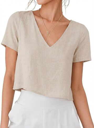 IDEALSANXUN Womens Short Sleeve Linen Shirts Casual Spring Summer V Neck Cute Crop Beach Blouse Tops in Saudi Arabia