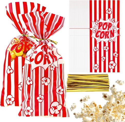 woric 200 Pcs Popcorn Treat Bags, 10.6 * 5.1 inch Popcorn Bags with Twist Ties Plastic Popcorn Bags for Party Movie Night Valentine's Day (2 Style) in Saudi Arabia