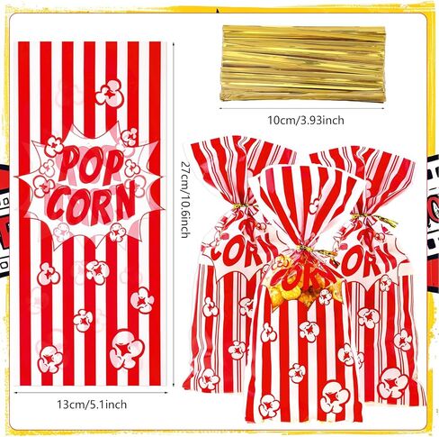woric 200 Pcs Popcorn Treat Bags, 10.6 * 5.1 inch Popcorn Bags with Twist Ties Plastic Popcorn Bags for Party Movie Night Valentine's Day (2 Style) in Saudi Arabia