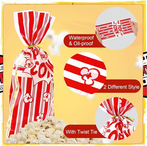 woric 200 Pcs Popcorn Treat Bags, 10.6 * 5.1 inch Popcorn Bags with Twist Ties Plastic Popcorn Bags for Party Movie Night Valentine's Day (2 Style) in Saudi Arabia