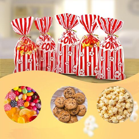 woric 200 Pcs Popcorn Treat Bags, 10.6 * 5.1 inch Popcorn Bags with Twist Ties Plastic Popcorn Bags for Party Movie Night Valentine's Day (2 Style) in Saudi Arabia