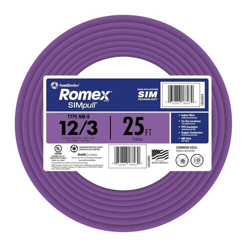 Southwire Romex Brand Simpull Solid Indoor 12/3 W / G كابل NMB ملف 25 قدم - SW # 63947621 in Saudi Arabia