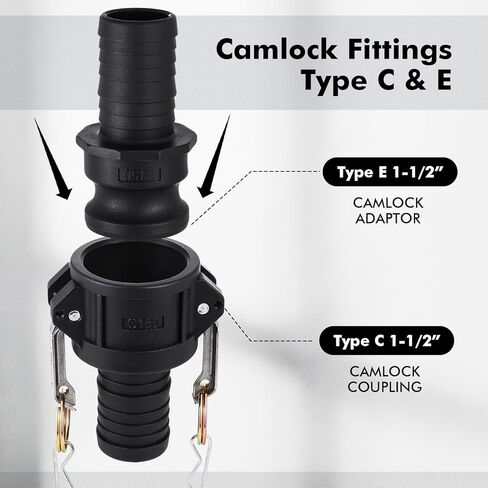تركيبات Kathfly Camlock مقاس 1-1/2 بوصة بولي قياسي من النوع C & E من البولي بروبيلين ومجموعة تركيب خرطوم الأخدود مع Camlock أنثى وذكر 1-1/2 بوصة × كاميرا شانك خرطوم 1-1/2 بوصة ووصلة أخدود (مجموعتان/ 8 قطع) in Kuwait