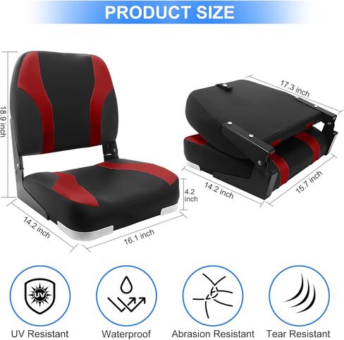 Low Back Boat Seat, Folding Boat Seat 2 pack, Portable Fishing Boating Seat, Foldable Boat Chairs, Waterproof, Boat Cabin Seating, Screw Included (Black/Red) in Saudi Arabia