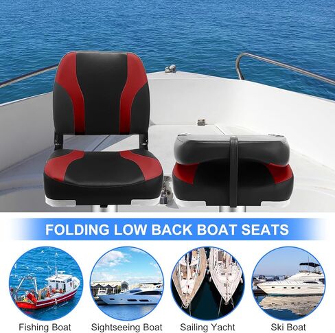 Low Back Boat Seat, Folding Boat Seat 2 pack, Portable Fishing Boating Seat, Foldable Boat Chairs, Waterproof, Boat Cabin Seating, Screw Included (Black/Red) in Saudi Arabia