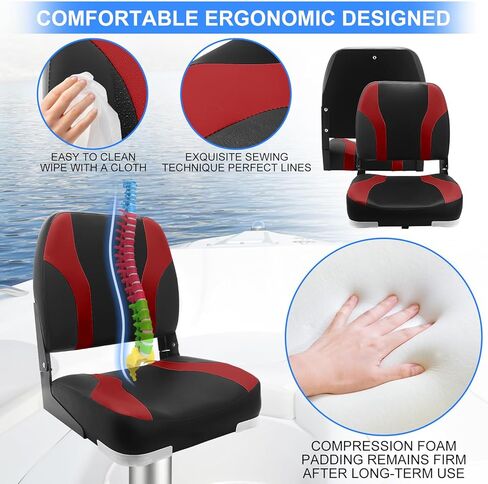 Low Back Boat Seat, Folding Boat Seat 2 pack, Portable Fishing Boating Seat, Foldable Boat Chairs, Waterproof, Boat Cabin Seating, Screw Included (Black/Red) in Saudi Arabia