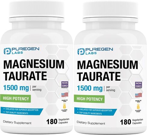 Puregen Labs Magnesium Taurate 1500mg per Serving [High Potency] 180 Veggie Caps, Chelated for Superior Absorption, Non-GMO, NO Gluten and Dairy | Made in USA in Saudi Arabia