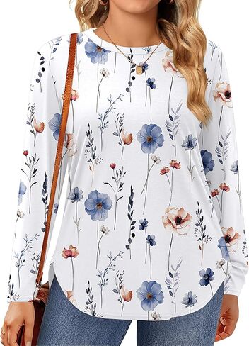 IN'VOLAND Womens Plus Size Long Sleeve Shirts Crewneck Side Split Tunic Tops Basic Loose Fit Tee Tops 2025 in Saudi Arabia
